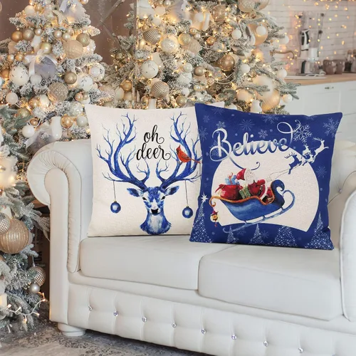 Vista 4 de Coliuso Fundas de Almohadas Decorativas Azules de Navidad 16x16 Juego de 4 Serie Navideña Fundas de Cojines Navideños Decoraciones de Navidad