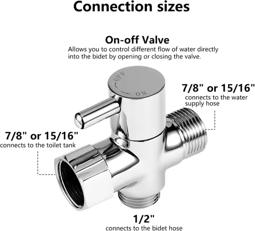 Vista 2 de Adaptador de bidé T con válvula de cierre: Válvula T de latón de 3 vías para bidé 7/8 "x 7/8" X 1/2" - Conector en T a prueba de fugas Ajuste