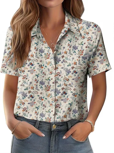 Vista 6 de Zeagoo Blusa de manga corta con botones para mujer, con bolsillo en el busto, para negocios, casual, para el trabajo, trajes de verano