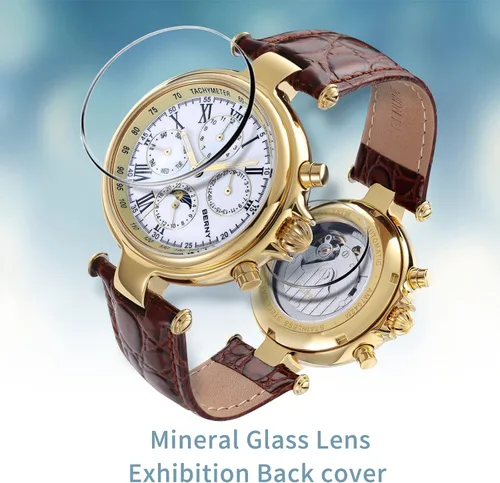Vista 4 de BERNY Reloj automático para hombre, mecánico, cuerda automática, 3ATM, resistente al agua, multifuncional, cristal mineral, resistente a