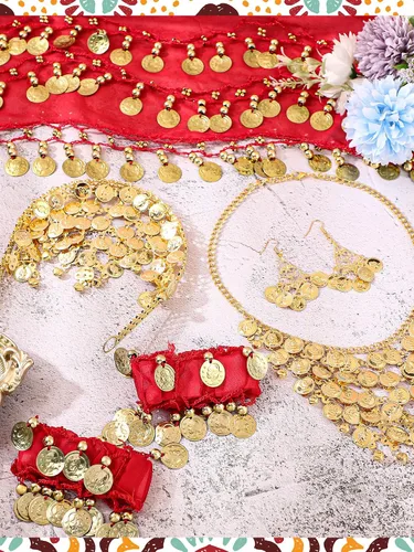 Vista 7 de Disfraz de gitana para mujer, joyería de bailarina del vientre, bufanda de cadera con moneda, tocado gitano, collar y aretes de oro