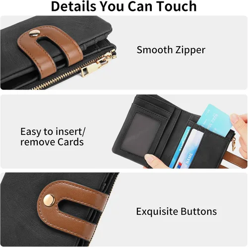 Vista 4 de RNIEGA Billeteras pequeñas para mujer, de cuero, plegable, con bloqueo RFID, tarjetero compacto con bolsillo para monedas con cremallera