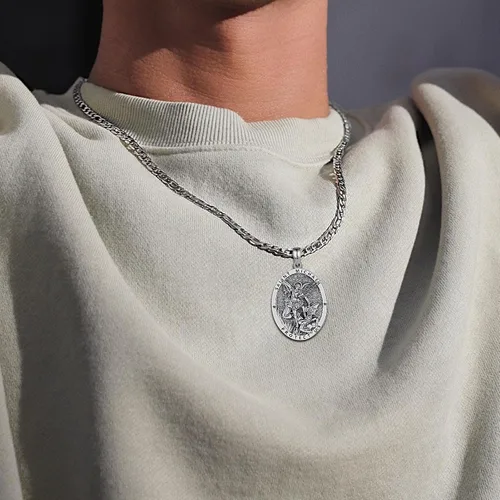 Vista 5 de 925 Sterling Silver Saint Michael Archangel Pendant Necklace for Men Women