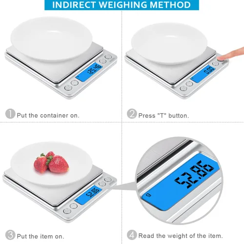 Vista 4 de Báscula digital de cocina, 17.64 oz/0.00 oz, báscula de joyería de bolsillo con pantalla LCD retroiluminada, 2 bandejas, 6 unidades, función de tara