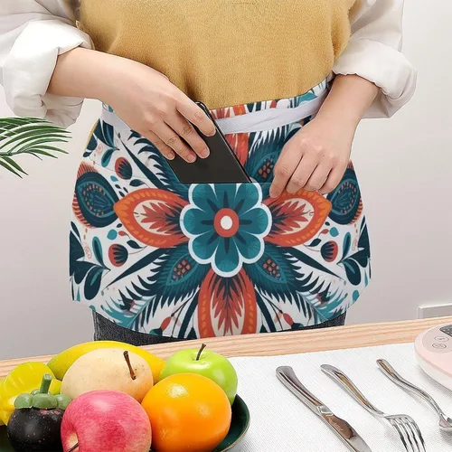 Vista 3 de Server Aprons with 3 Pockets Waist Apron Waterproof Half Apron Flower Decorative Pattern Short Cooking Aprons Bib