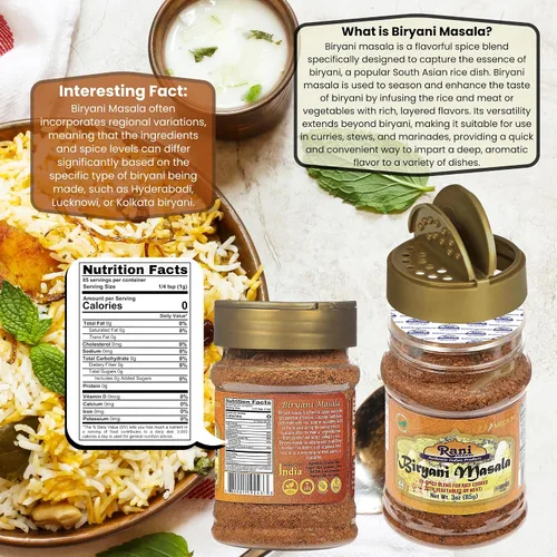 Vista 2 de Rani Biryani Masala Curry (mezcla de 7 especias para platos de arroz indio, pullao/pilau) Tarro PET de 3 onzas (3.00 oz) ~ Todo natural Vegano