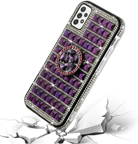 Vista 3 de Funda compatible con Samsung Galaxy A32 5G Diamond Bling con soporte de anillo de vidrio templado, cubierta protectora de grado militar, funda