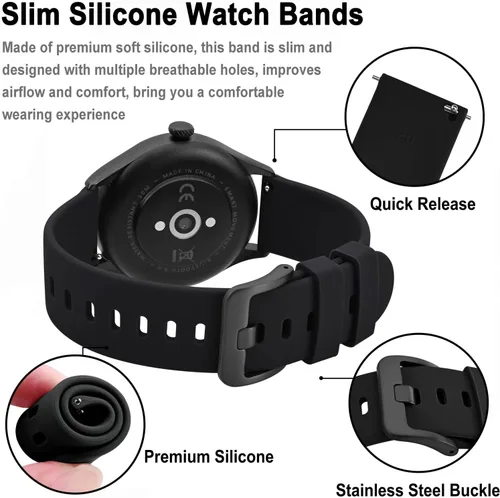 Vista 86 de BISONSTRAP Correas de reloj de silicona, correas de reloj delgadas con liberación rápida, 0.787 in, negro con hebilla negra