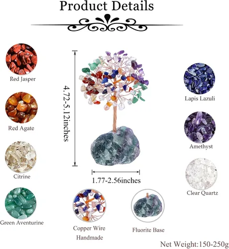 Vista 5 de MANIFO Juego de 7 chakras de cristal curativo: cristales, piedras preciosas, figuras naturales de árbol de la vida del Feng Shui