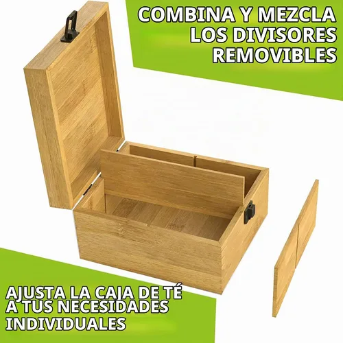 Vista 4 de Caja Organizadora de Té de Bambú Libre de Químicos Grande, Alta, Cubículos Ajustables Cofre de Almacenamiento de Madera Natural
