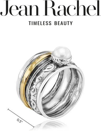 Vista 5 de 925 Sterling Silver14K Gold Plated Silver Spinner Ring Unisex, Bold Hammered BeadedFreshwater Pearl Floral Etched and Hammered, Oxidized