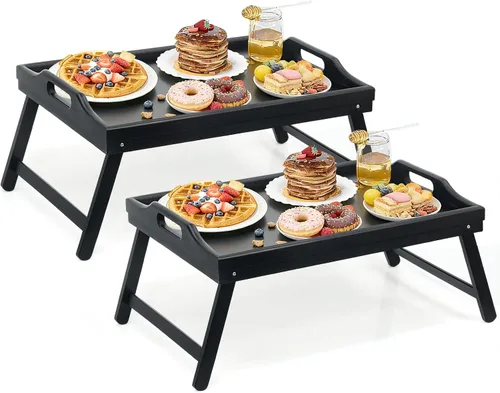 Vista 8 de Mesa Bandeja para Cama Bandejas de Desayuno Bandeja de Servir Altura Ajustable para Comer Cama de Bambú Laptop Plegable Patas con Asas y Soportes
