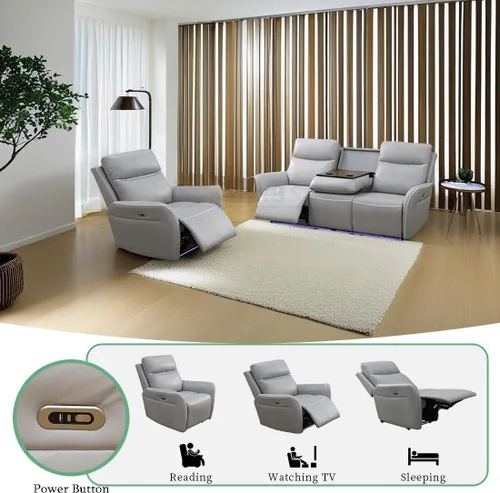 Vista 41 de Juego de sofá reclinable eléctrico, seccional de cuero transpirable beige, juego de muebles de sala de estar, 2 piezas, sofá reclinable eléctrico