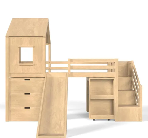 Vista 8 de SOFTSEA Cama tipo loft con tobogán, almacenamiento y escritorio para niños Natural
