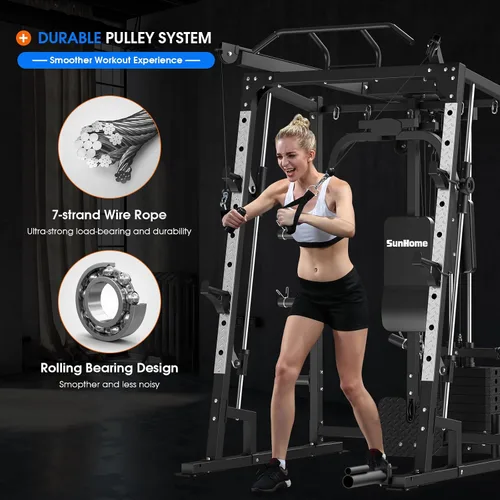 Vista 4 de SunHome Smith Machine, soporte para sentadillas Power Cage con barra Smith, sistemas de tracción LAT, máquina cruzada de cables y accesorio de cable