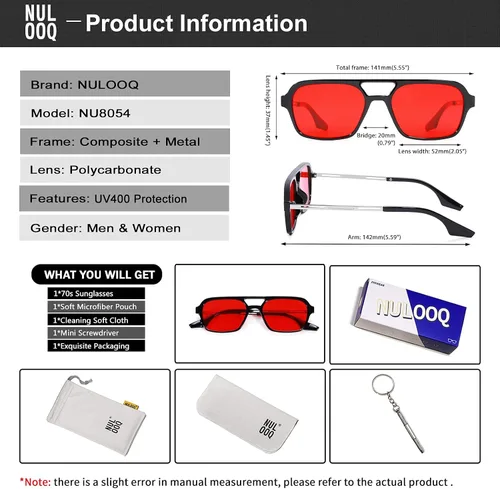 Vista 6 de NULOOQ Lentes de sol planos estilo aviador retro de los años 70 para mujeres y hombres, lentes de sol cuadrados vintage con marco pequeño