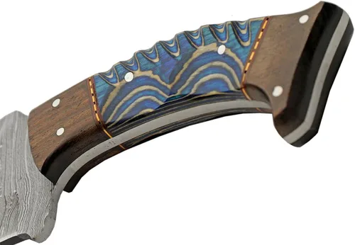 Vista 5 de SANZ - Cuchillo de caza de rinoceronte de Damasco de 8 pulgadas, cuchillo de campamento azul con mango de madera, hoja de espiga completa y funda