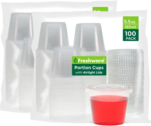 Vista 13 de Freshware Vasos de Plástico para Porciones con Tapas [4 Onzas, 100 Juegos] – Souffle, Muestreo, Salsa, Aperitivo, Aderezo, Vasos para Shots