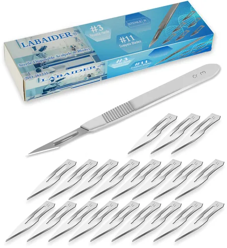 Vista 7 de Cuchillas estériles de bisturí #10 10 piezas estériles envueltas individualmente en papel de aluminio, con mango de cuchillo de bisturí #3