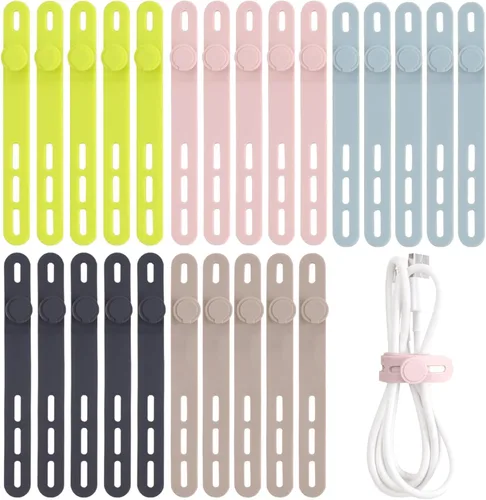 Vista 14 de Oligei 25 bridas de silicona para cables, reutilizables, de alta elasticidad para cables eléctricos, organizador de cables para auriculares