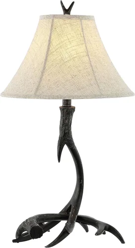 Vista 8 de JONATHAN Y Lámpara de mesa de resina rústica beige de 27.5 pulgadas para sala de estar, dormitorio, pantalla de lino gris claro, lámpara de mesita