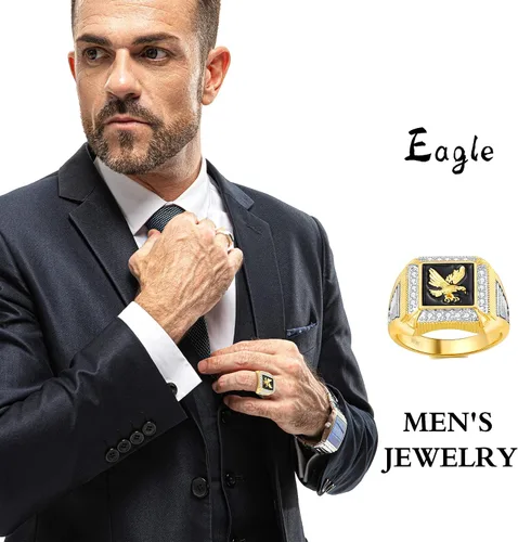 Vista 3 de Anillo de águila de oro de 14 quilates para hombre, circonita cúbica, anillo de águila americana