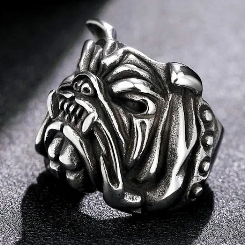 Vista 5 de Anillo de Bulldog para hombres, estilo gótico vintage de Pitbull Bull Dog Pug Dog Head Biker Anillo, Vikingo Animal Anillos Joyería para los amantes