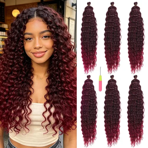 Vista 35 de Extensiones de cabello ondulado con ganchillo Ocean Wave de 18 pulgadas, 6 paquetes, extensiones de cabello de ganchillo sueltas de onda profunda #1B