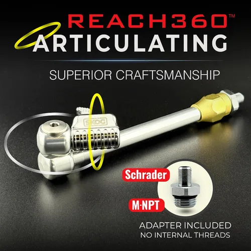 Vista 3 de SKÖG Chuck Mates Reach360 Extensión articulada de 7 pulgadas para infladores de neumáticos Adaptador F-NPT y Schrader de 1/4" Camiones