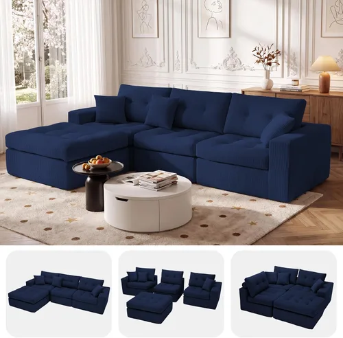 Vista 27 de Sofá modular en forma de L de 114 pulgadas con diván, sofá de pana sin hueso con otomana móvil, sofás de asiento profundo para sala de estar, sin