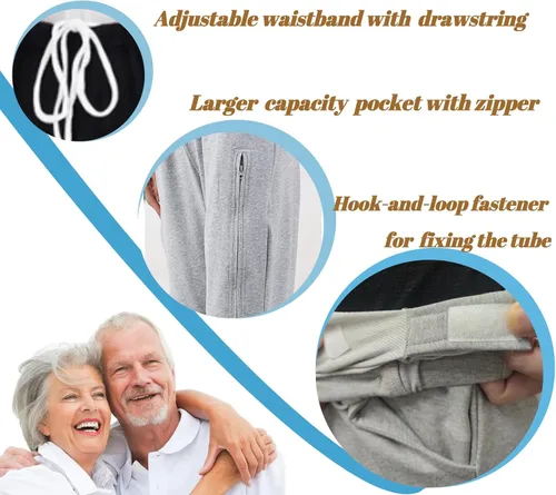 Vista 5 de Pantalones para pierna de catéter, pantalones con soporte para bolsa de orina para hombres y mujeres con bolsillos dobles con cremallera, capacidad