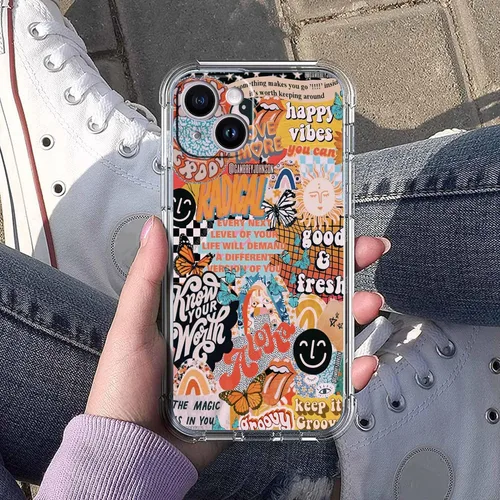 Vista 5 de Funda de collage estético para iPhone 15, patrón de citas positivas, bonita funda de TPU suave compatible con iPhone 15