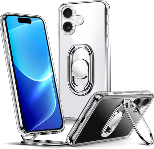 Vista 24 de Shields Up Funda para iPhone 16 Pro con Soporte, Funda de Teléfono Transparente con Soporte de Doble Anillo [Ajustable y Plegable] Cubierta