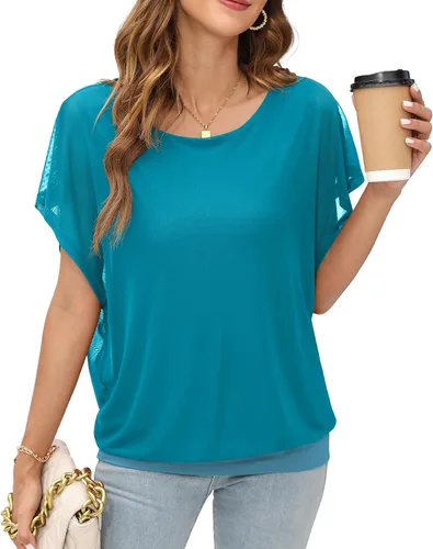 Vista 34 de VIISHOW - Blusa de gasa y de manga corta para mujer, estilo holgado y casual Negro