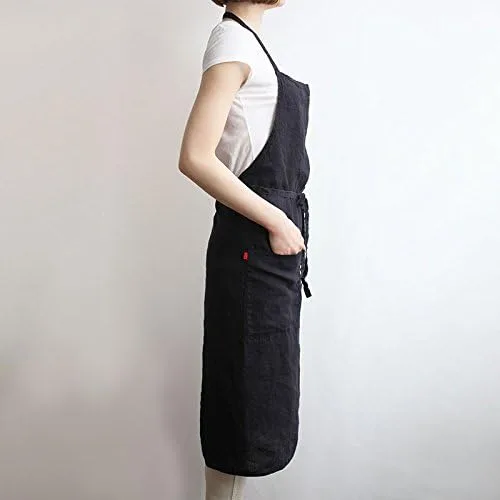 Vista 3 de Delantal de lino de 4 colores, unisex ajustable fácil cuidado casa simple largo delantal negro