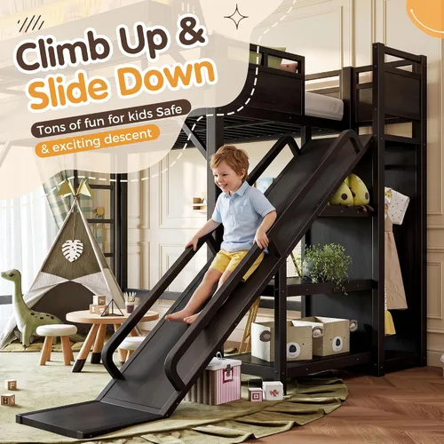 Vista 4 de Twin XL Metal Loft Bed with Slide, Black Negro