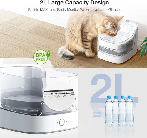Vista 7 de PETGUGU Fuente de agua para gatos ultra silenciosa/Filtración de 8 capas/Libre de BPA/Dispensador automático de agua para perros Fuente de agua