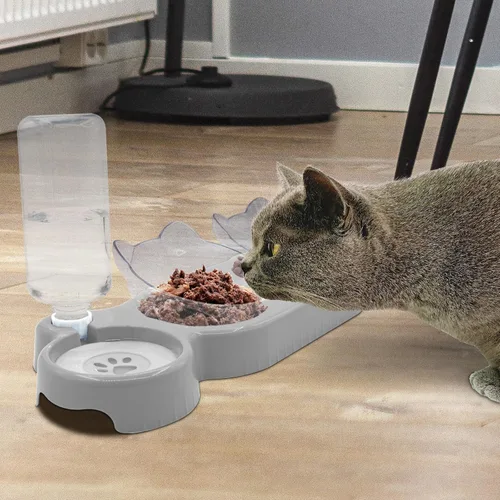 Vista 7 de Cuencos triples para gatos, alimentador de agua 3 en 1 y cuencos de comida con botella de agua automática, aptos para bigotes, platos de Plomo blanco