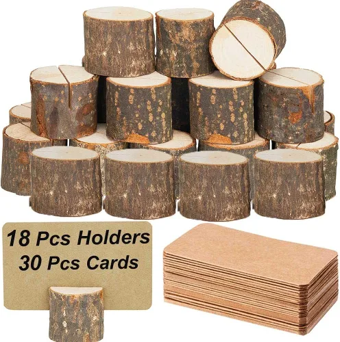 Vista 11 de Toncoo Portatarjetas de madera, 15 soportes rústicos de alta calidad para números de mesa y 30 tarjetas de mesa de papel Kraft, soportes de madera