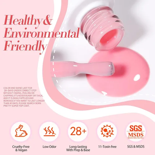 Vista 7 de Born Pretty Kit de 28 esmaltes de uñas de gel de gelatina con lámpara de uñas UV de 48 W, 12 colores, rosa gelatina, nude, neutro, juego de esmalte