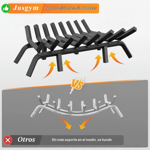Vista 4 de Jusgym Rejilla de Chimenea de 30 Pulgadas con 8 Patas de Soporte, Soporte de Troncos de Chimenea de Acero Sólido y Resistente con Pinzas