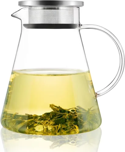 Vista 10 de CNGLASS Tetera de vidrio de 30.5 oz/900 ml segura para estufa, tetera de un toque transparente, tetera para té floreciente y de hojas sueltas