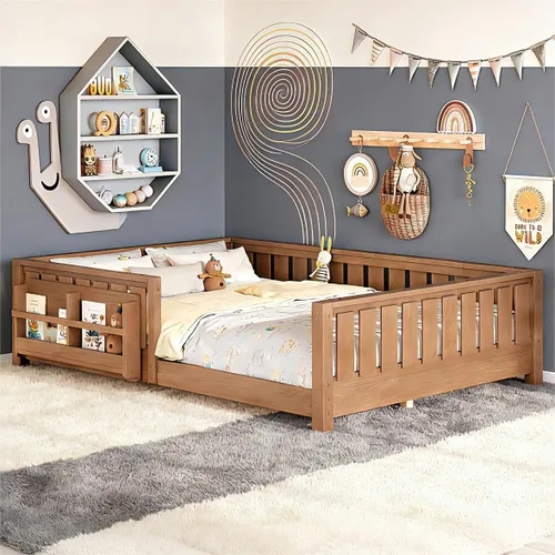 Vista 27 de Marco de cama Montessori Twin con estantería y barandillas, color beige