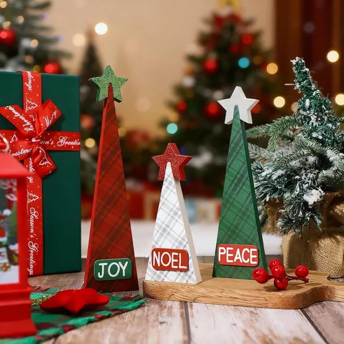 Vista 5 de 3 piezas de decoración de mesa de árbol de Navidad de madera, 3 tamaños de decoraciones de árbol de Navidad de madera independientes de doble cara