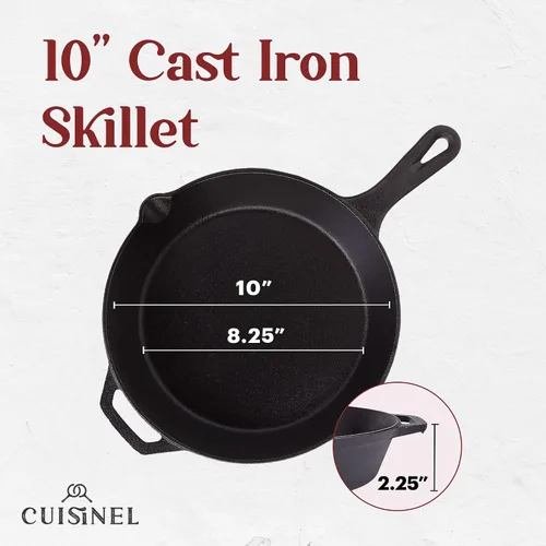 Vista 4 de Sartén de hierro fundido de Cuisinel con tapa - Sartén para freír pre-sazonada de 10" pulgadas + cubierta de vidrio + soporte para mango resistente
