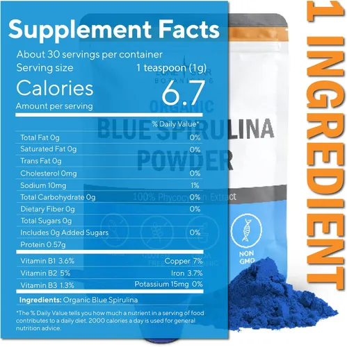 Vista 2 de Polvo de espirulina azul orgánico, 100% puro superalimento de algas azul-verdes, sin olor a pescado, colorante natural para batidos y bebidas