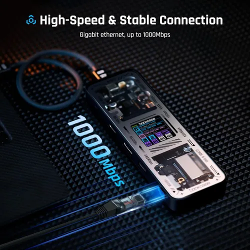 Vista 6 de DOCKCASE Hub USB C Explorer Edition (10 en 1) con HDMI y DP de 4K a 60 Hz, Gigabit Ethernet, 1 USB-C y 3 puertos USB-A, entrega de energía de 100 W