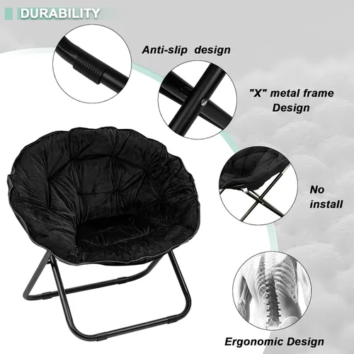 Vista 4 de Silla plegable, silla platillo con marco de metal, cómodas sillas de luna para dormitorio, sala de estar, apartamentos, camping, descanso, jardín