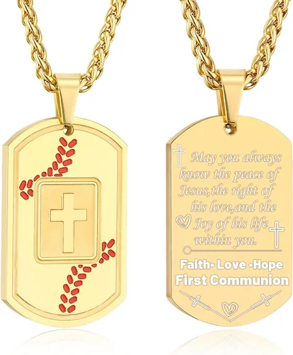 Vista 25 de Collar de cruz con versículo bíblico de béisbol, acero inoxidable, dije de cruz en tono negro/dorado/plateado, regalos religiosos, joyería deportiva