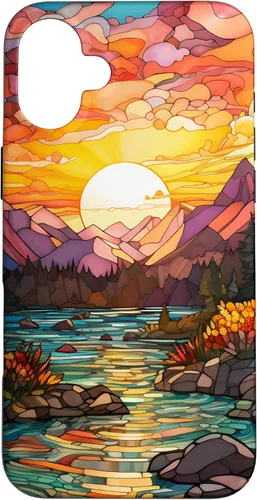 Vista 23 de iPhone 16 Sunset Stained Glass Mosaic Landscape Scene Case
